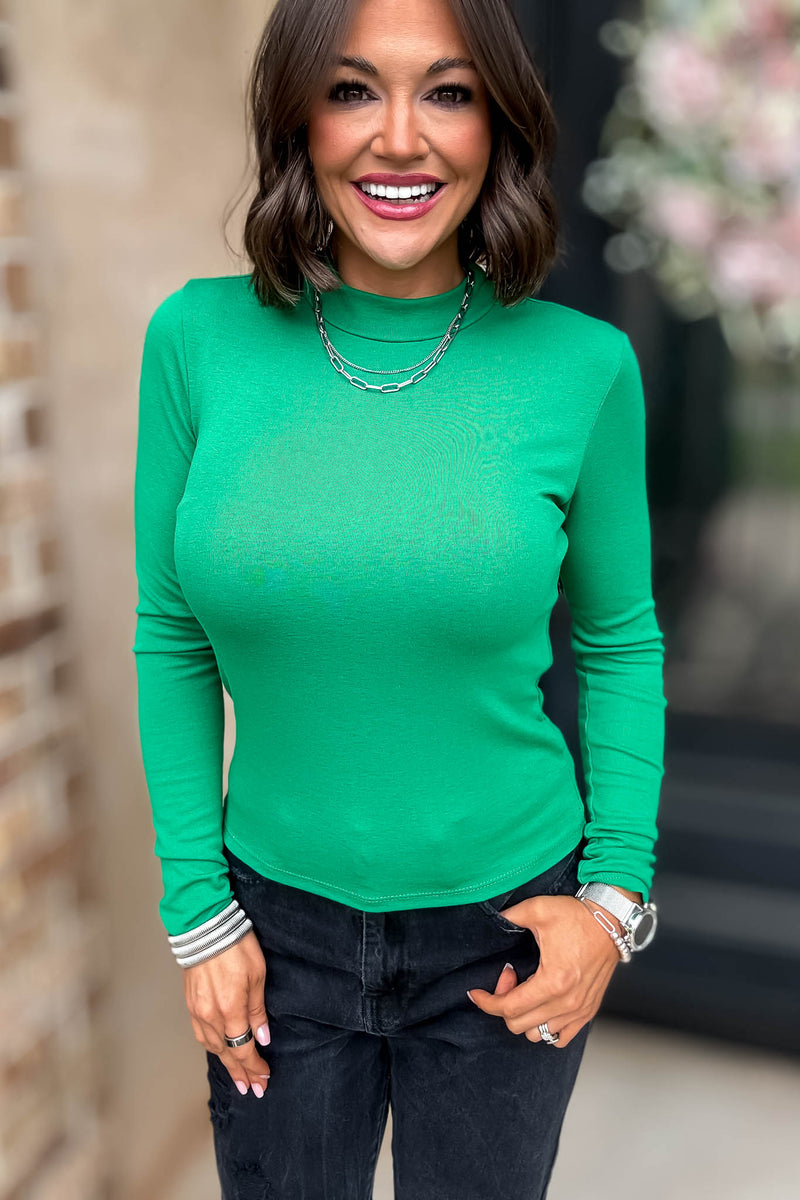 Green Long Sleeve Mock Neck Rib Knit Top