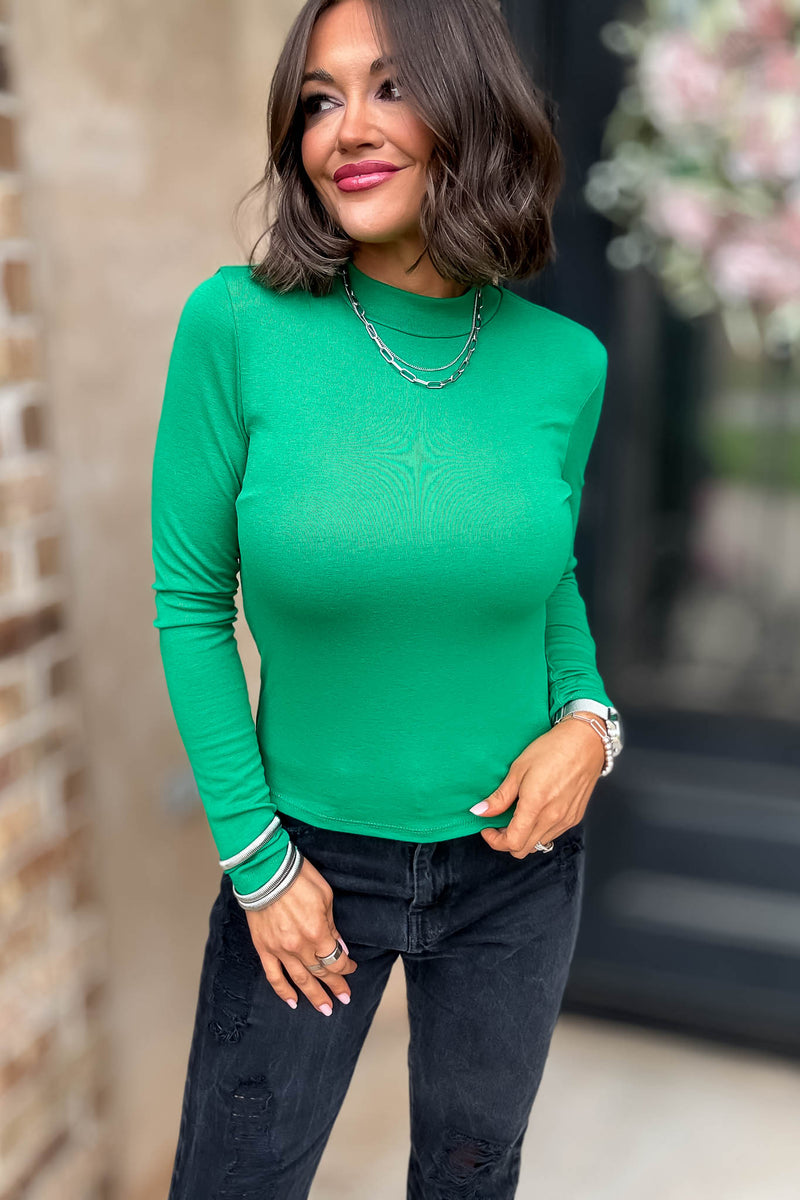 Green Long Sleeve Mock Neck Rib Knit Top