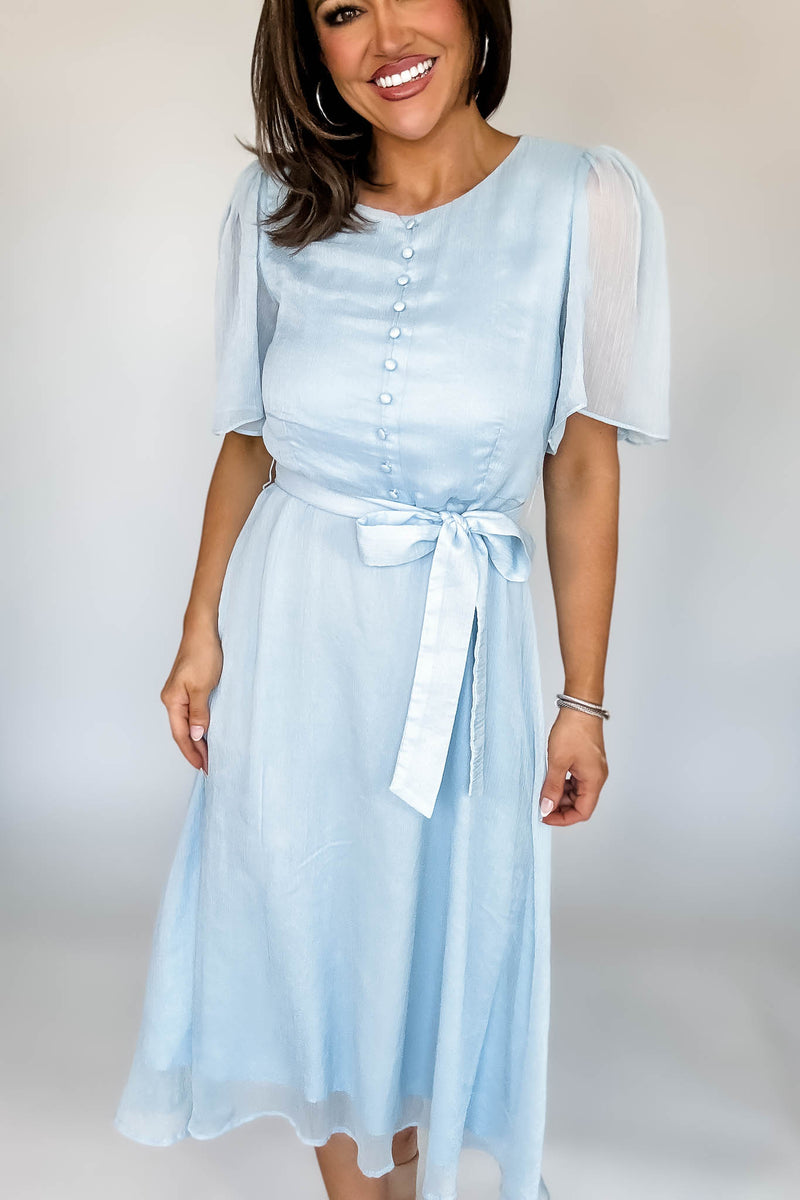 Baby Blue Flutter Sleeves Faux Button Front Mid Dress