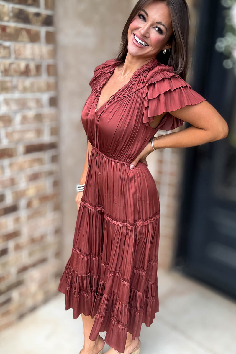 Fall For It Rust Tier Short Sleeve Tie Front Elastic Waist Dress