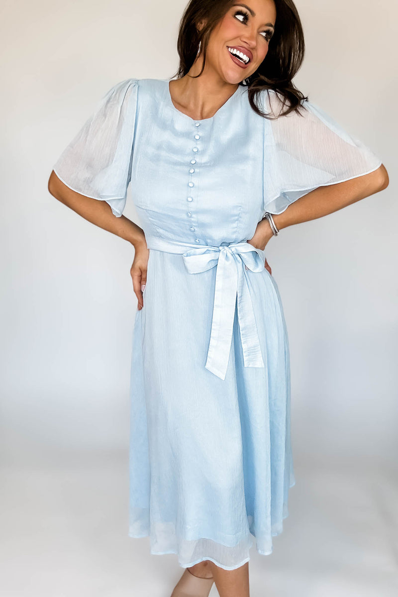Baby Blue Flutter Sleeves Faux Button Front Mid Dress