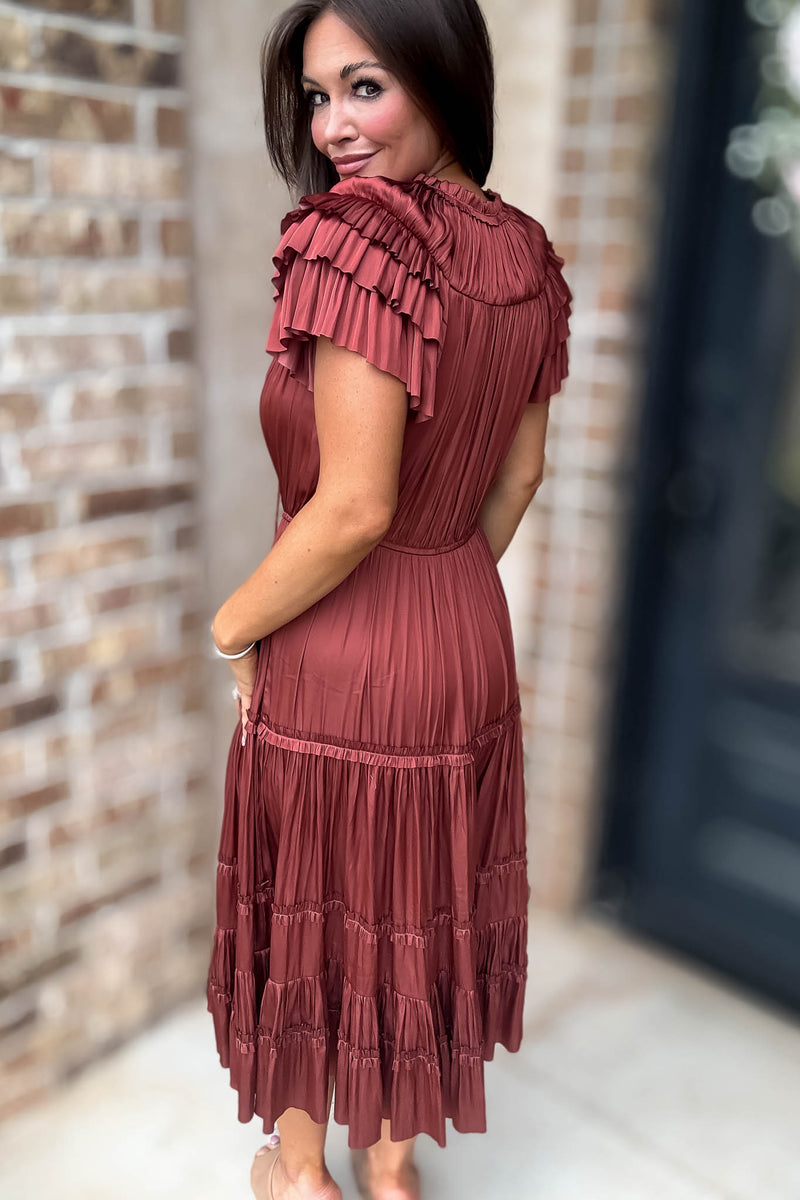 Fall For It Rust Tier Short Sleeve Tie Front Elastic Waist Dress