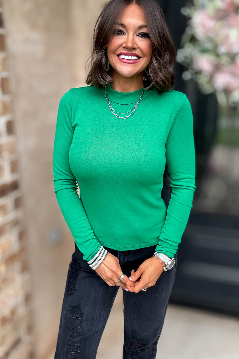 Green Long Sleeve Mock Neck Rib Knit Top