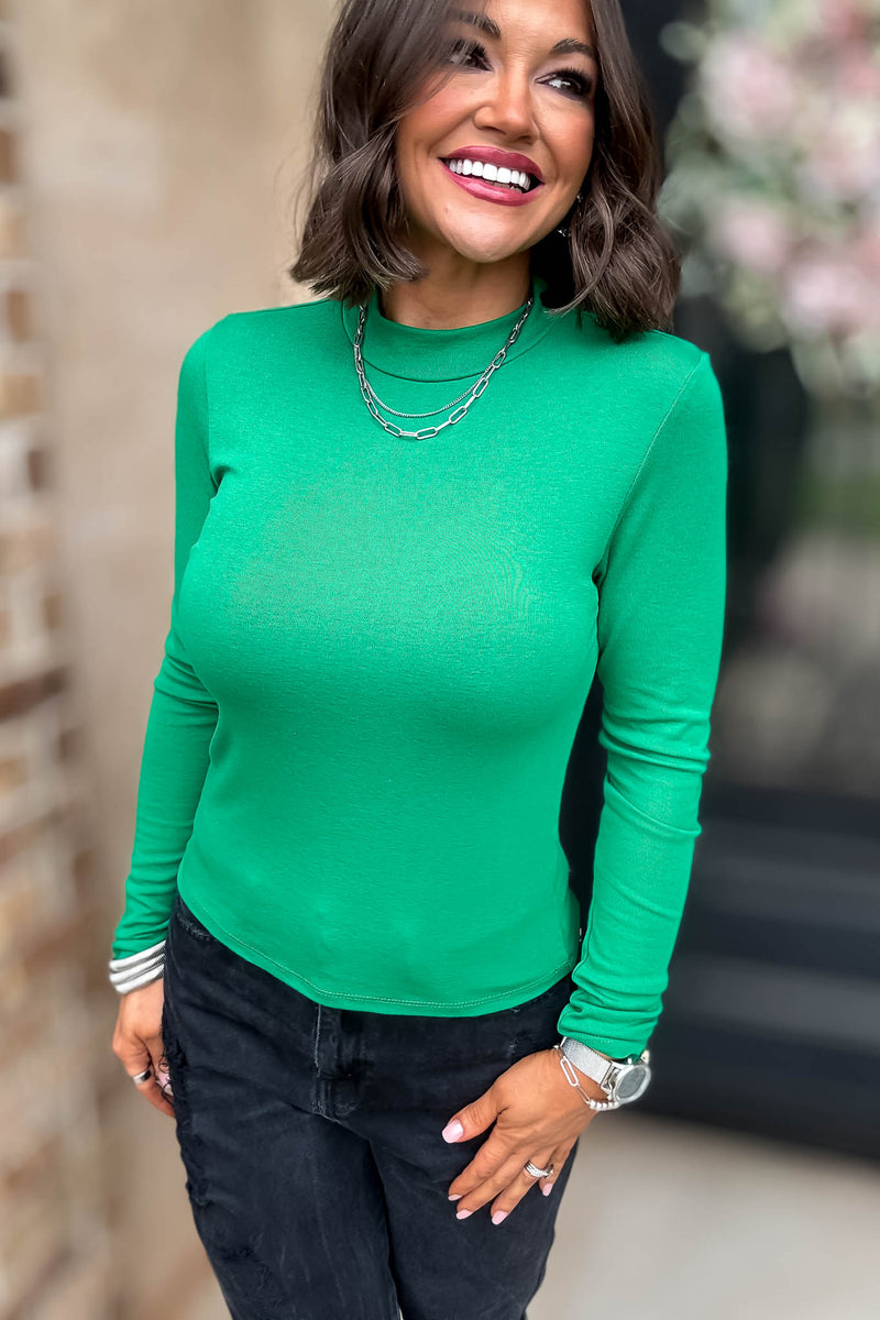 Green Long Sleeve Mock Neck Rib Knit Top