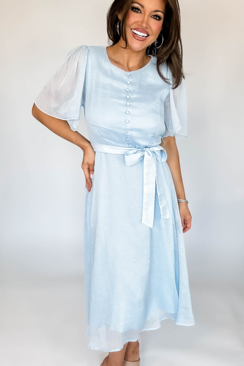 Baby Blue Flutter Sleeves Faux Button Front Mid Dress