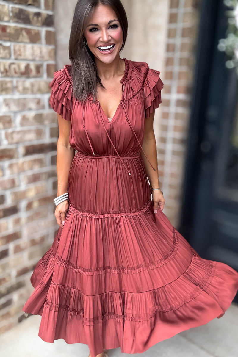 Fall For It Rust Tier Short Sleeve Tie Front Elastic Waist Dress