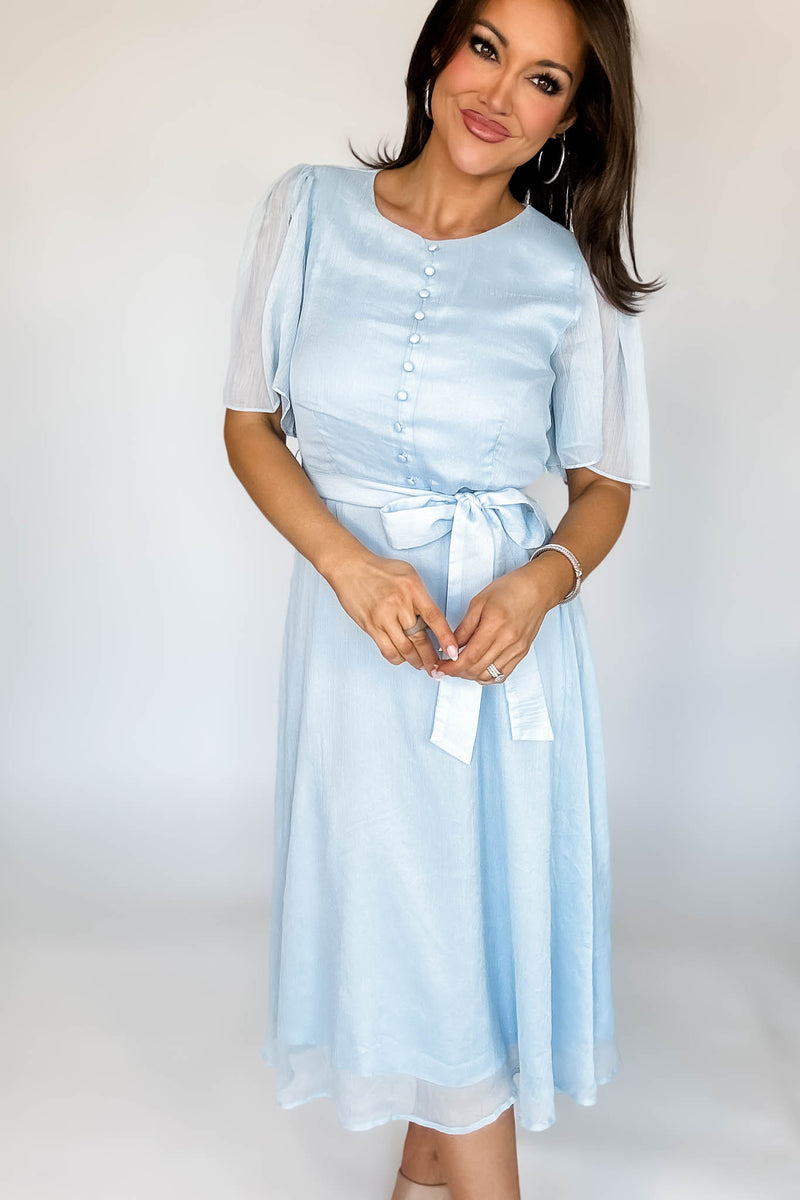 Baby Blue Flutter Sleeves Faux Button Front Mid Dress