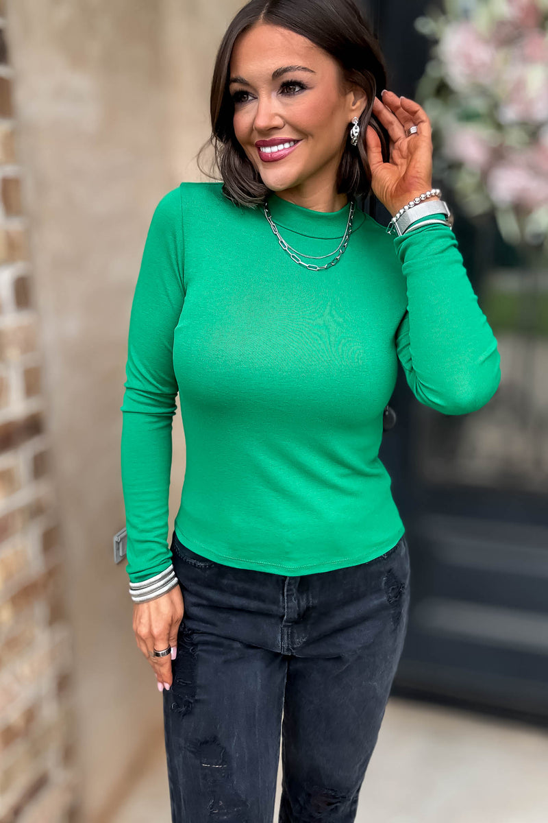 Green Long Sleeve Mock Neck Rib Knit Top