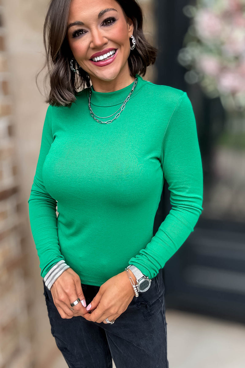 Green Long Sleeve Mock Neck Rib Knit Top