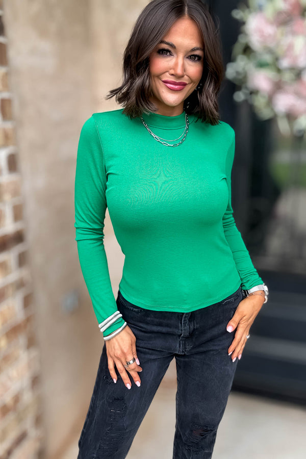 Green Long Sleeve Mock Neck Rib Knit Top