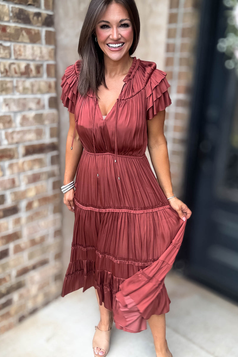 Fall For It Rust Tier Short Sleeve Tie Front Elastic Waist Dress