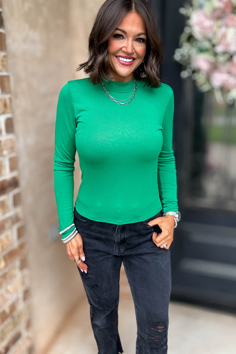 Green Long Sleeve Mock Neck Rib Knit Top