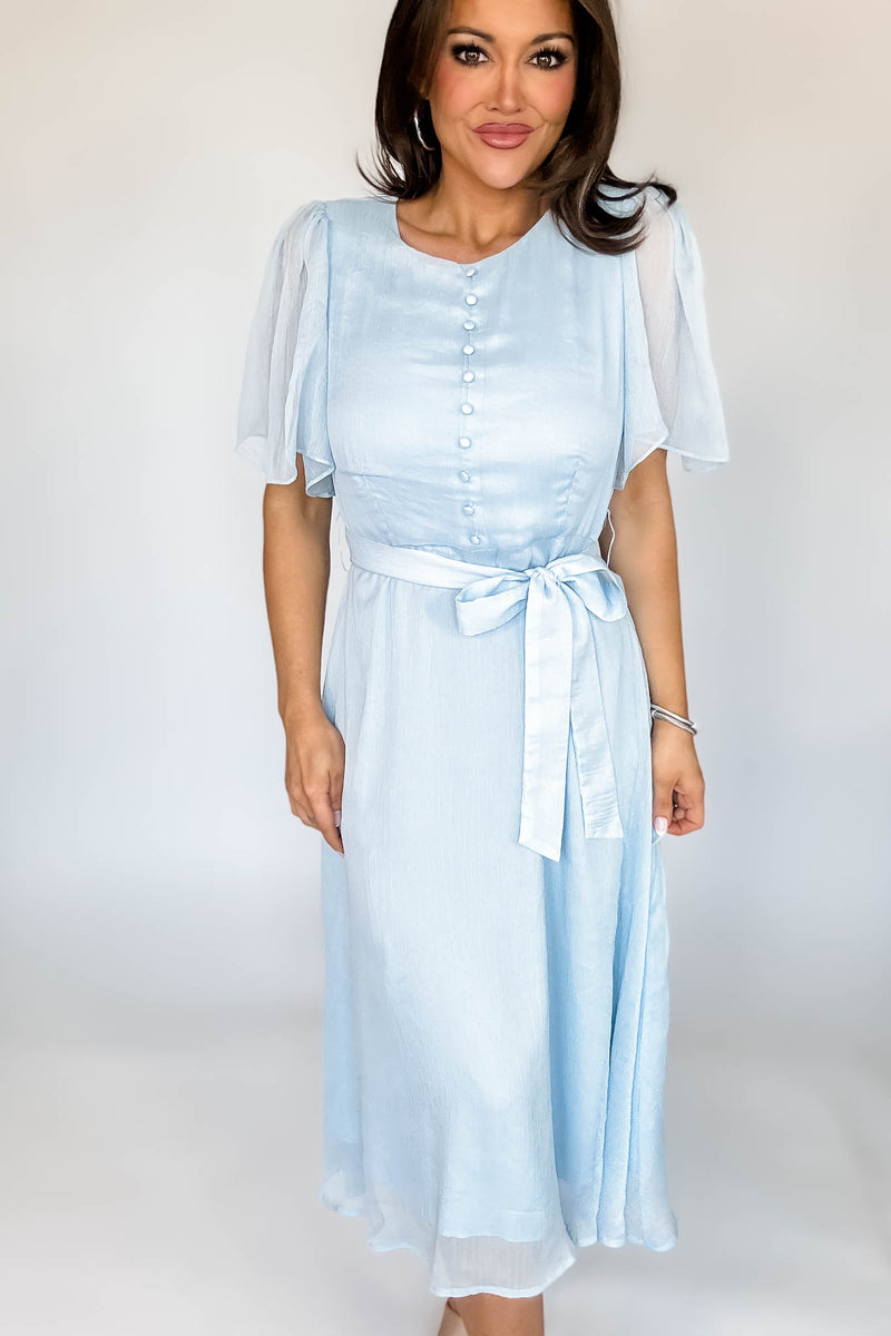 Baby Blue Flutter Sleeves Faux Button Front Mid Dress