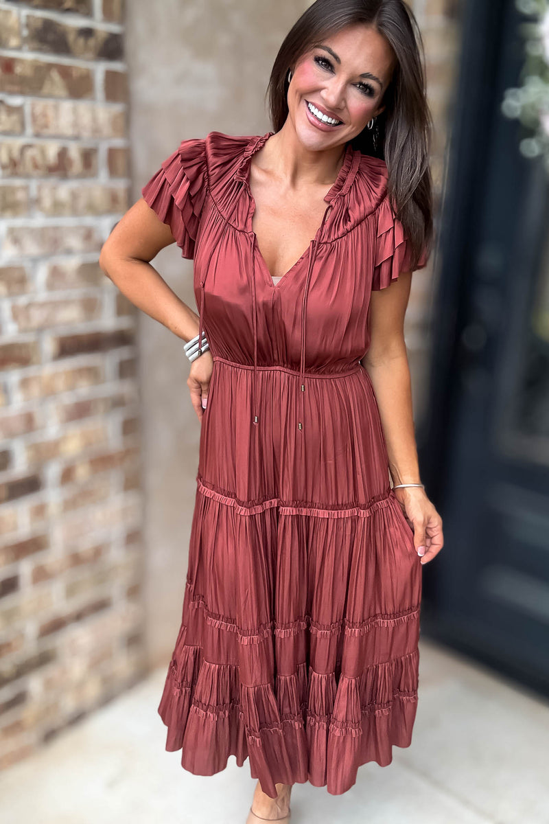 Fall For It Rust Tier Short Sleeve Tie Front Elastic Waist Dress