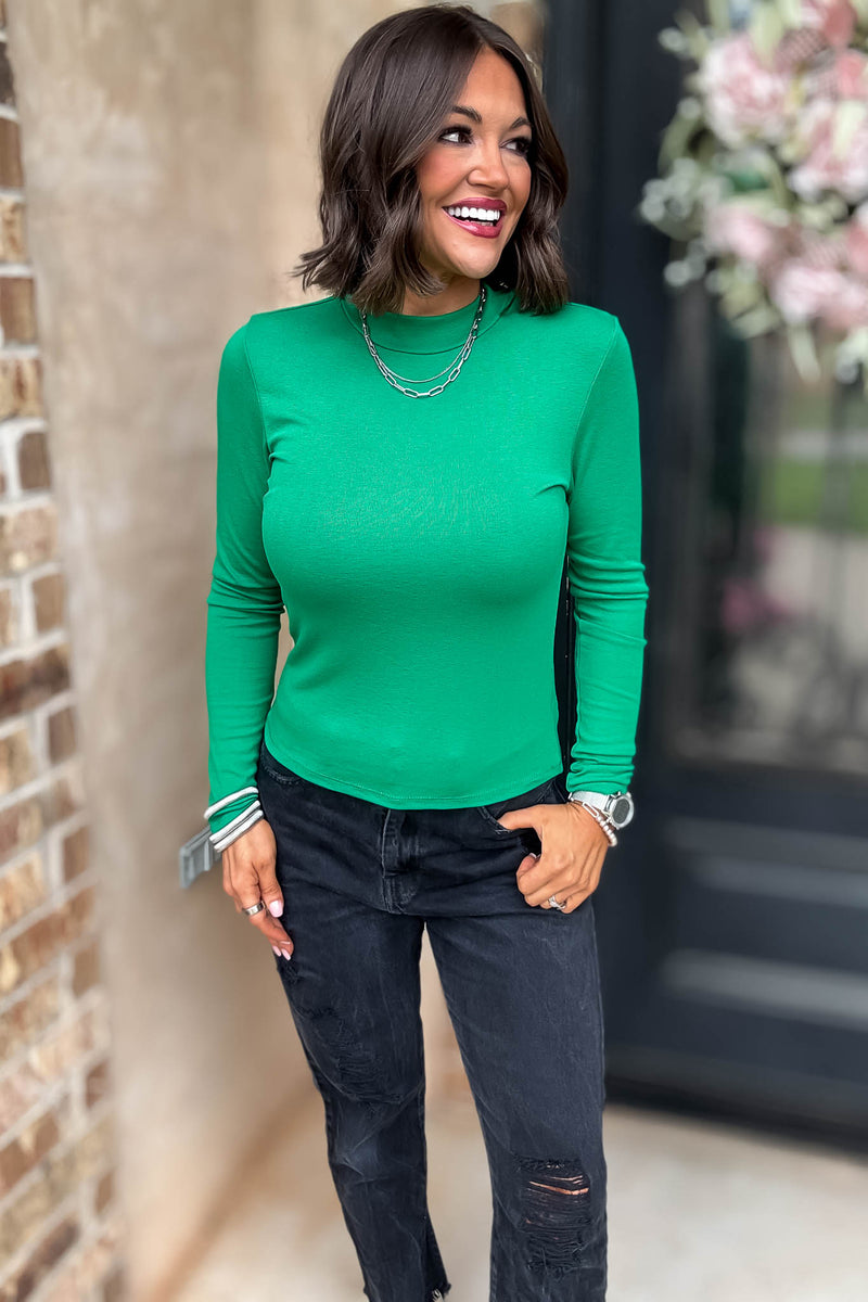 Green Long Sleeve Mock Neck Rib Knit Top