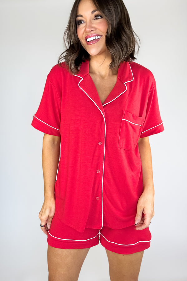 Lounge Wear Two Piece Red Short Sleeve Button Down Shirts & Shorts