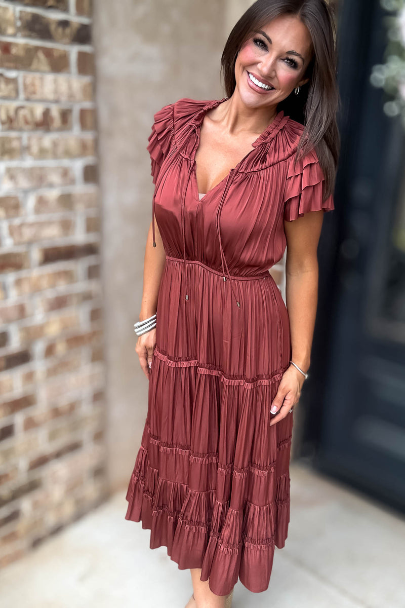 Fall For It Rust Tier Short Sleeve Tie Front Elastic Waist Dress