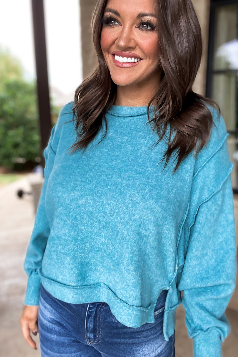 No Drama Dusty Teal Balloon Sleeve Pullover