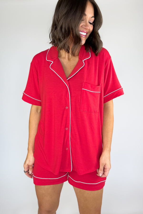 Lounge Wear Two Piece Red Short Sleeve Button Down Shirts & Shorts