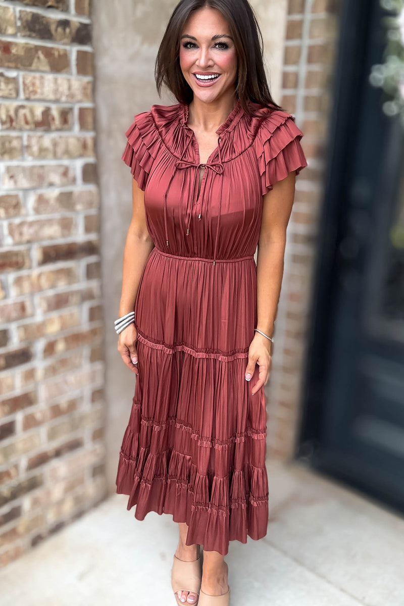 Fall For It Rust Tier Short Sleeve Tie Front Elastic Waist Dress