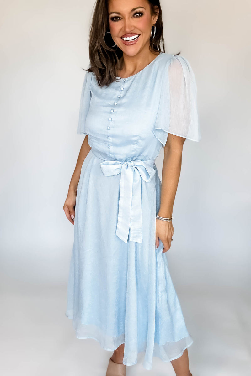 Baby Blue Flutter Sleeves Faux Button Front Mid Dress
