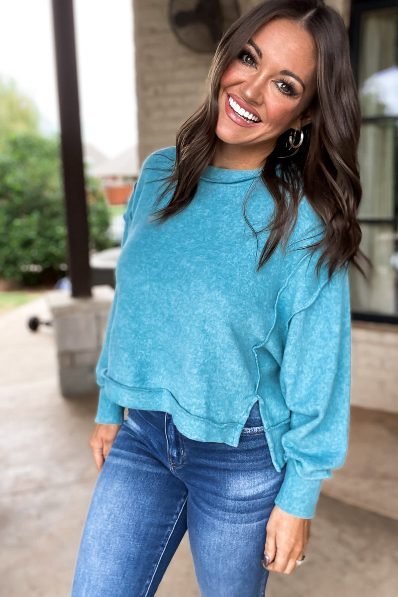 No Drama Dusty Teal Balloon Sleeve Pullover