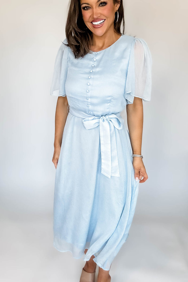 Baby Blue Flutter Sleeves Faux Button Front Mid Dress