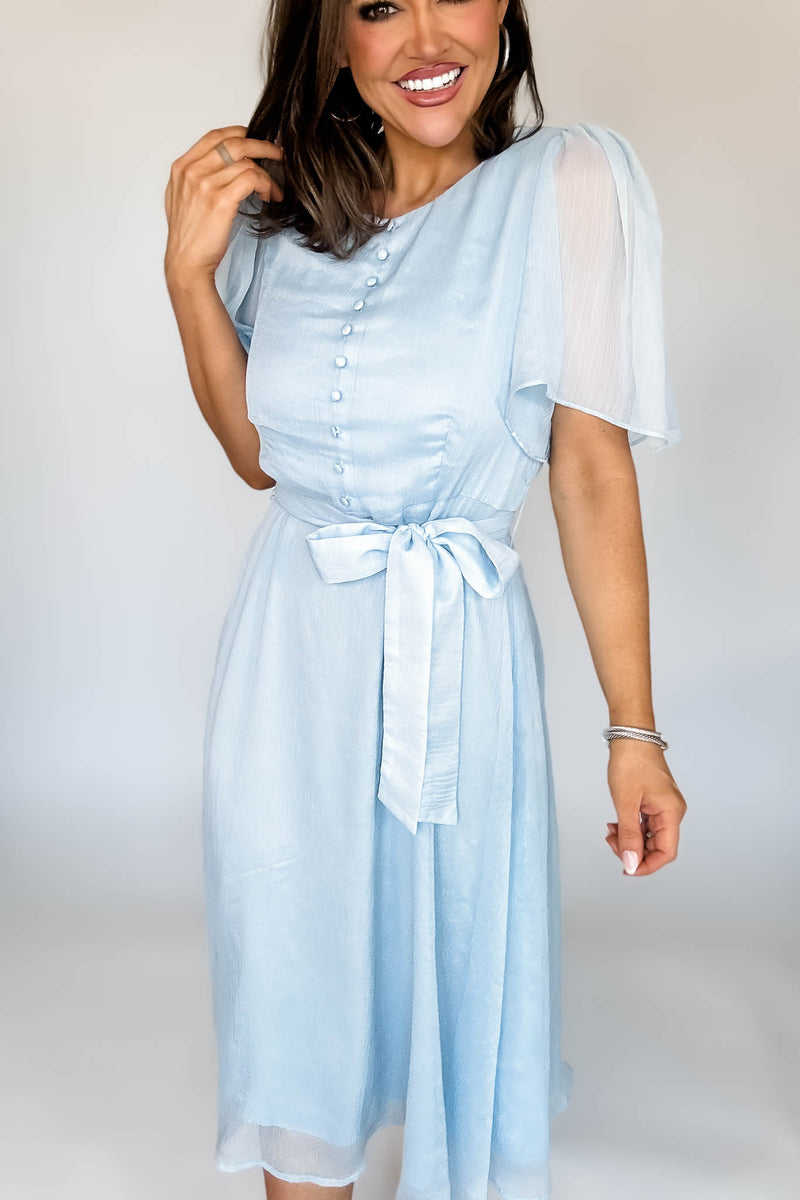 Baby Blue Flutter Sleeves Faux Button Front Mid Dress