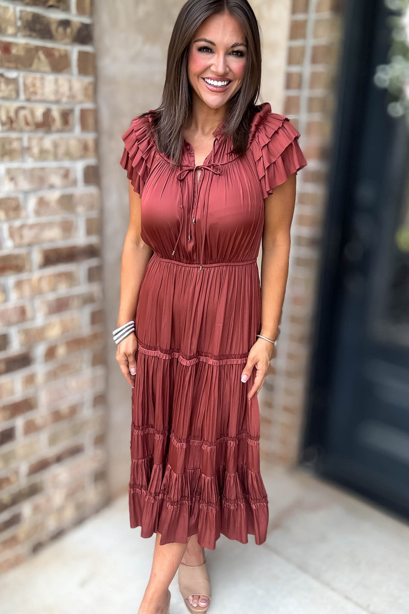 Fall For It Rust Tier Short Sleeve Tie Front Elastic Waist Dress