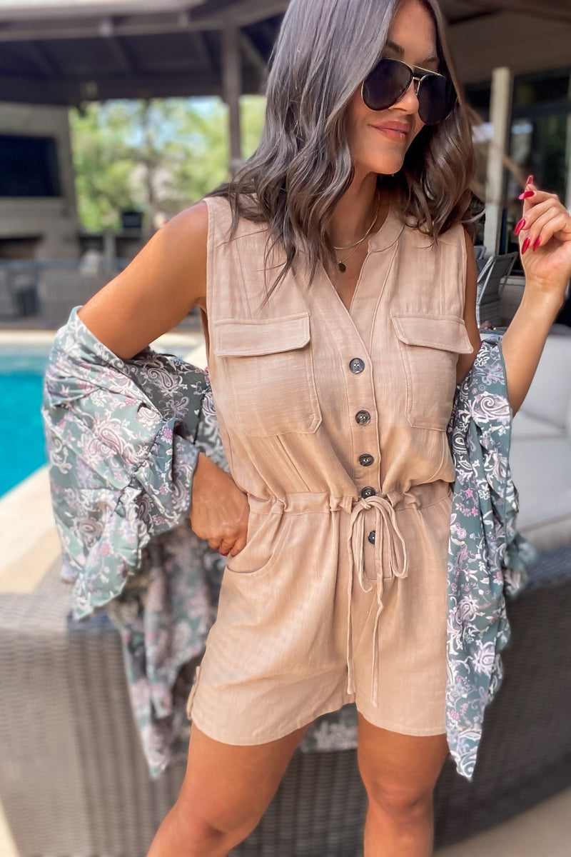 Slowing Drifting Away Khaki Romper