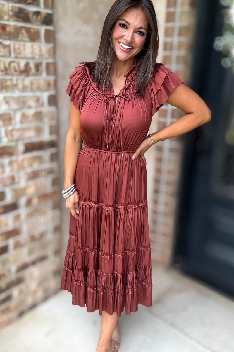 Fall For It Rust Tier Short Sleeve Tie Front Elastic Waist Dress