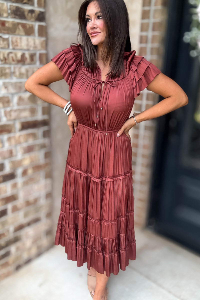 Fall For It Rust Tier Short Sleeve Tie Front Elastic Waist Dress