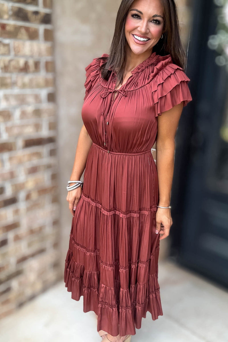 Fall For It Rust Tier Short Sleeve Tie Front Elastic Waist Dress