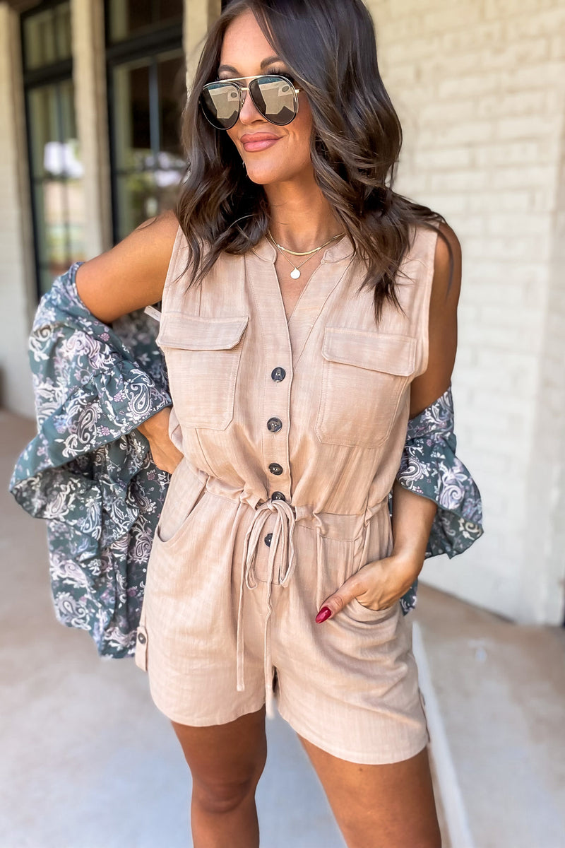 Slowing Drifting Away Khaki Romper
