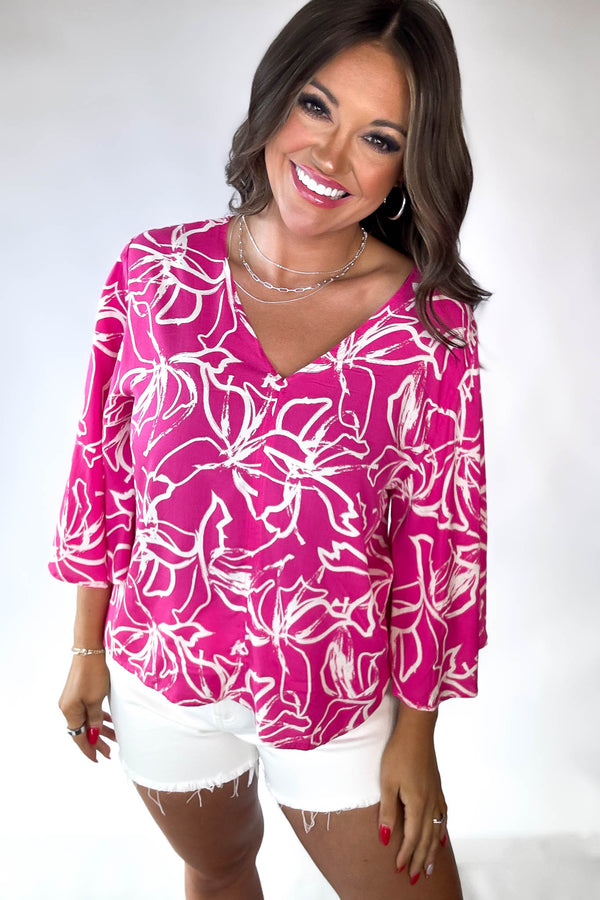 Fuchsia Print 3/4 Butterfly Sleeves Top