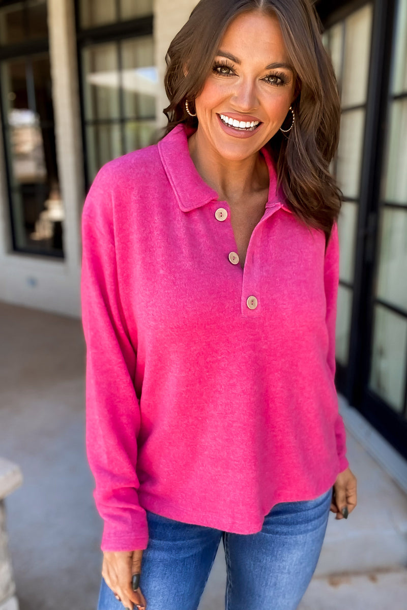 Perfect Timing Fuchsia Brushed Melange Hacci Collared Sweater