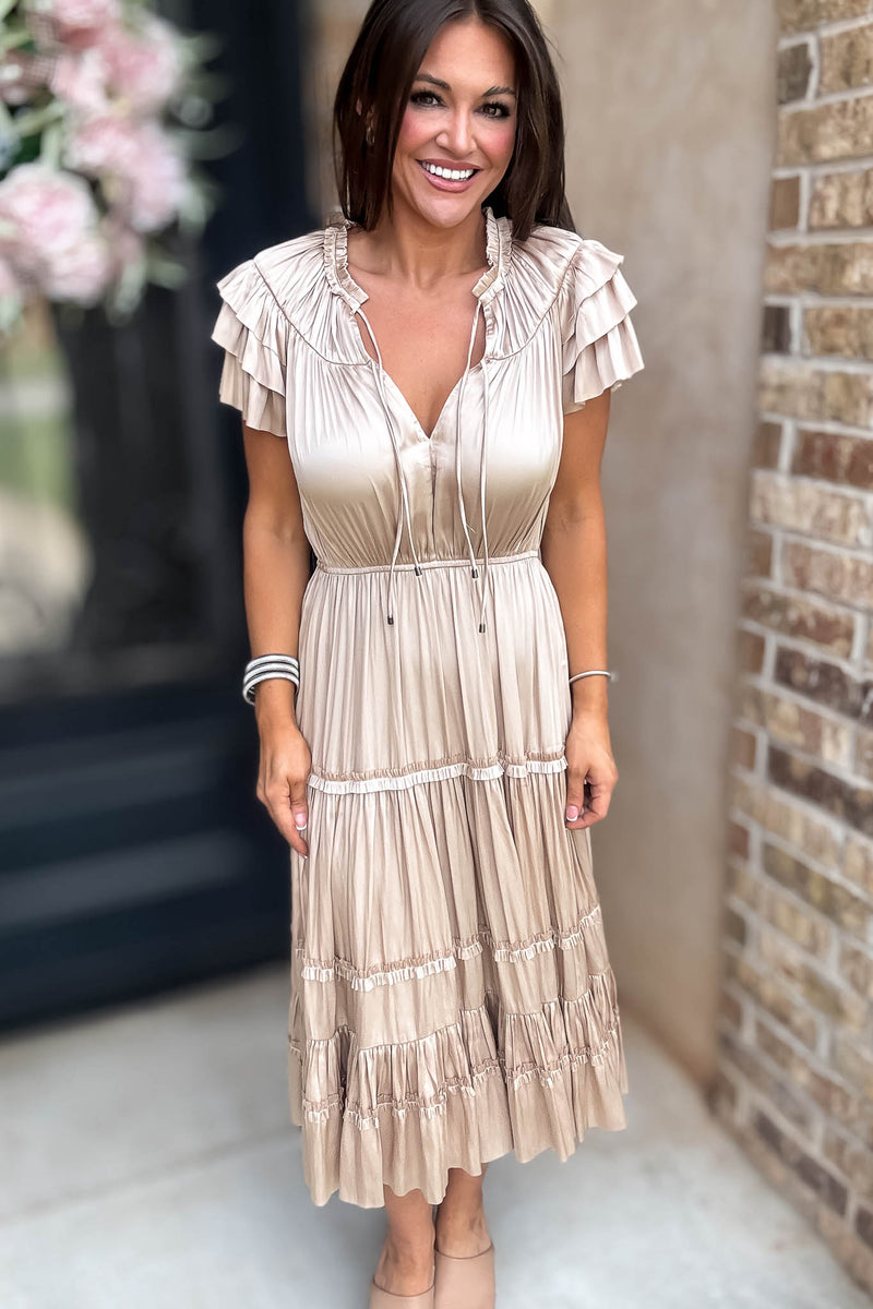 Fall For It Gold Tier Short Sleeve Tie Front Elastic Waist Dress