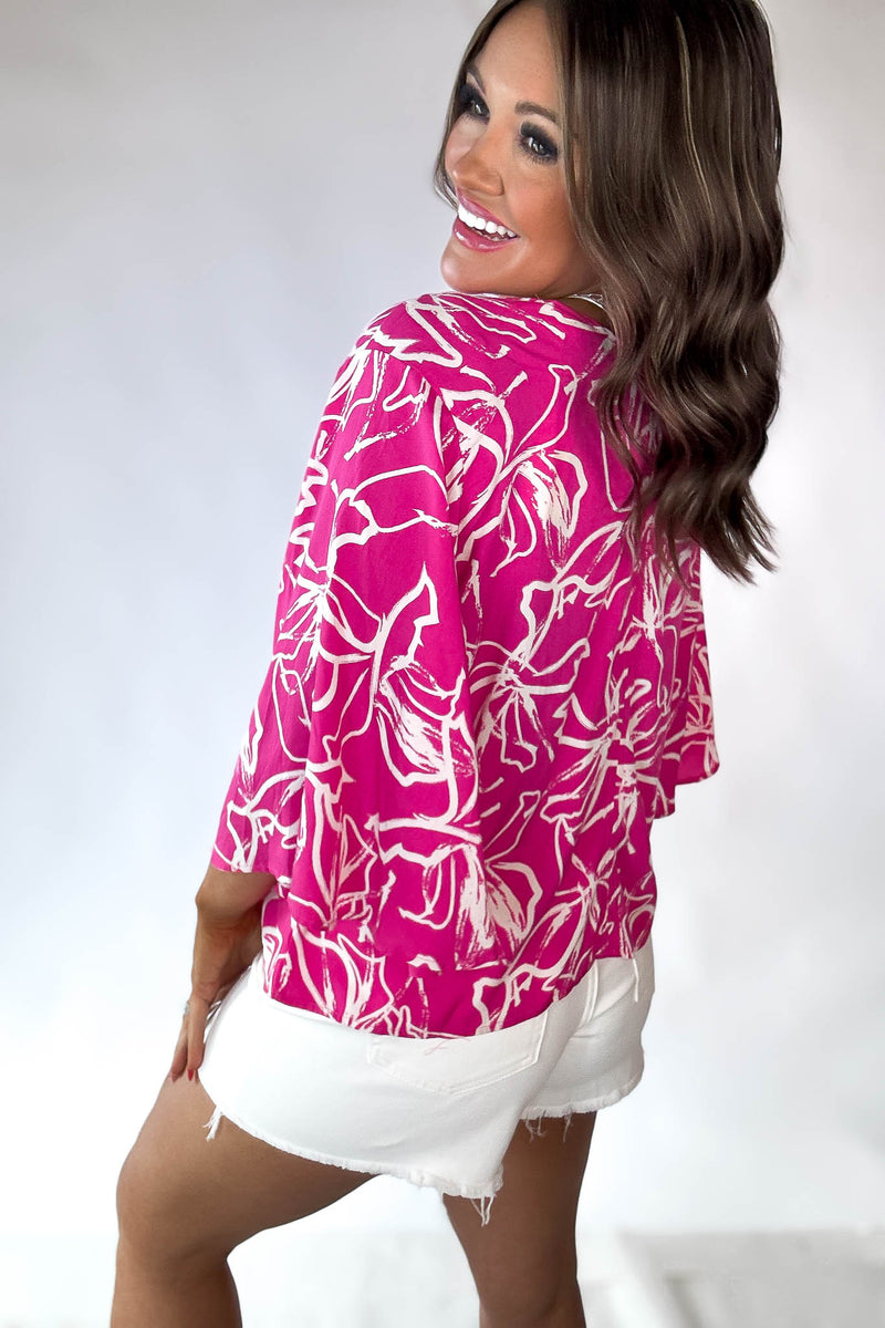 Fuchsia Print 3/4 Butterfly Sleeves Top