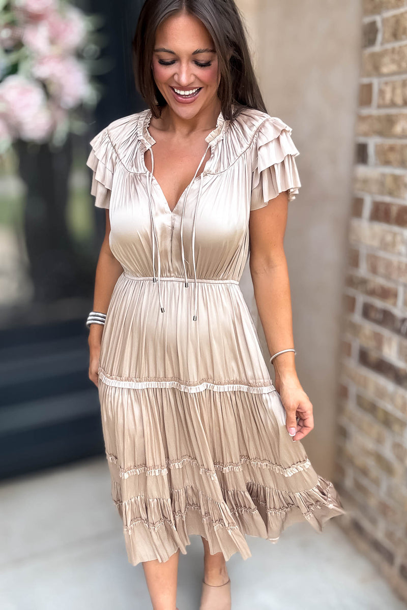 Fall For It Gold Tier Short Sleeve Tie Front Elastic Waist Dress