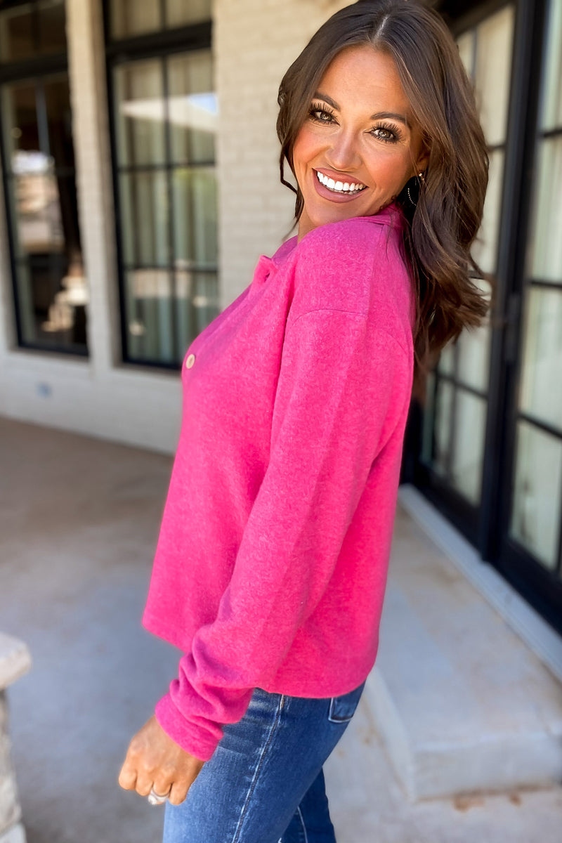 Perfect Timing Fuchsia Brushed Melange Hacci Collared Sweater