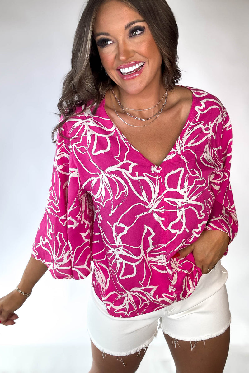 Fuchsia Print 3/4 Butterfly Sleeves Top