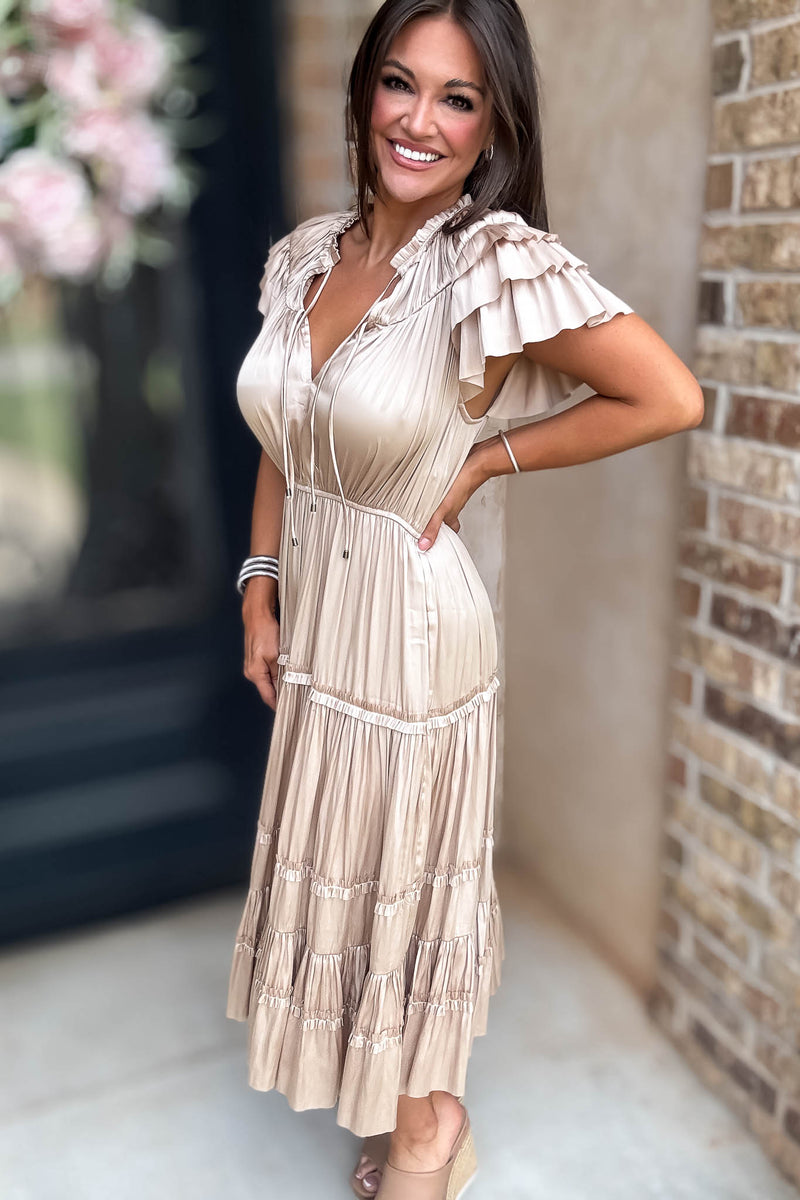 Fall For It Gold Tier Short Sleeve Tie Front Elastic Waist Dress