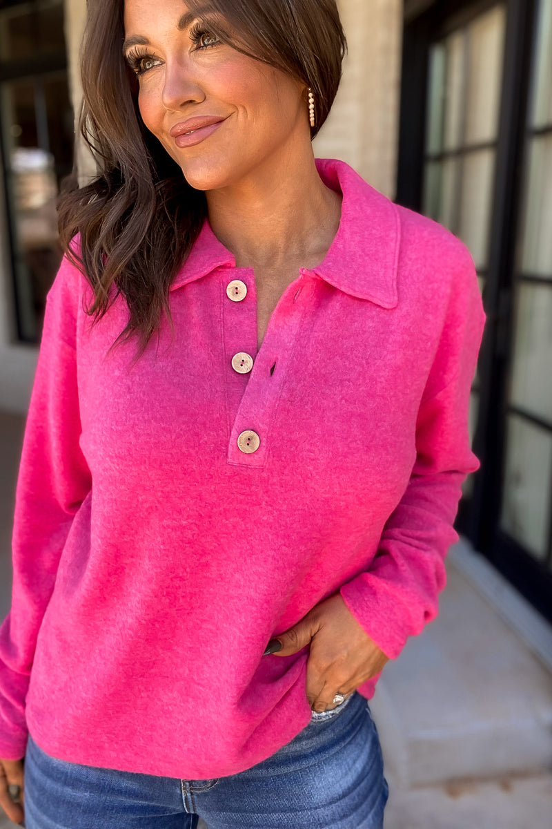 Perfect Timing Fuchsia Brushed Melange Hacci Collared Sweater