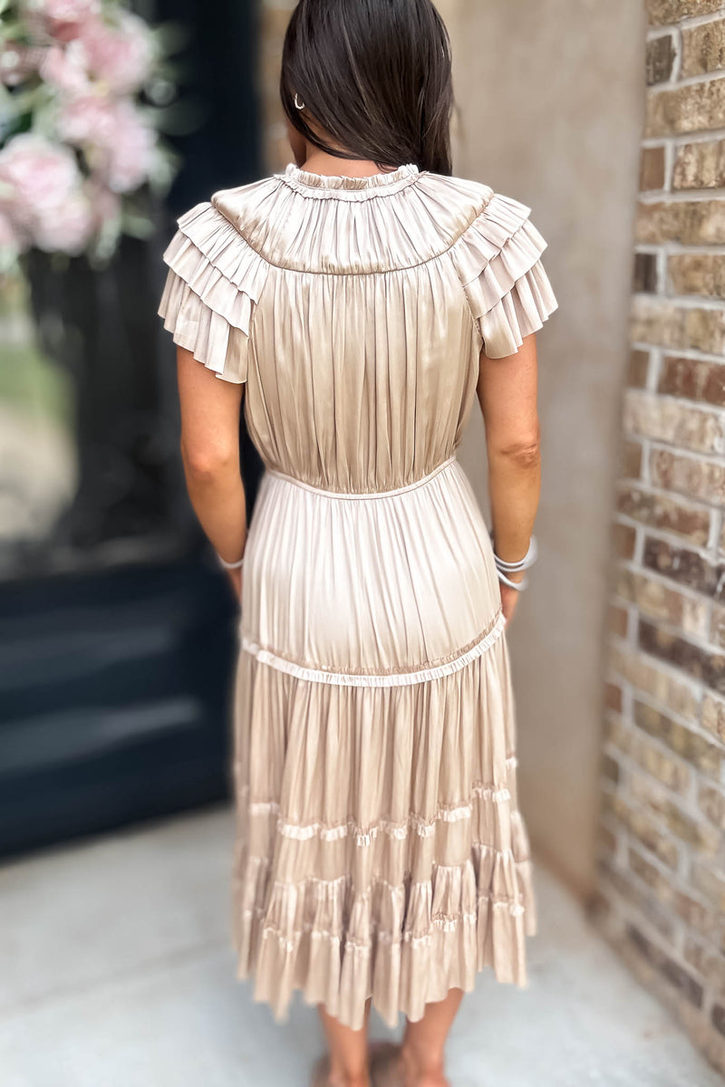 Fall For It Gold Tier Short Sleeve Tie Front Elastic Waist Dress