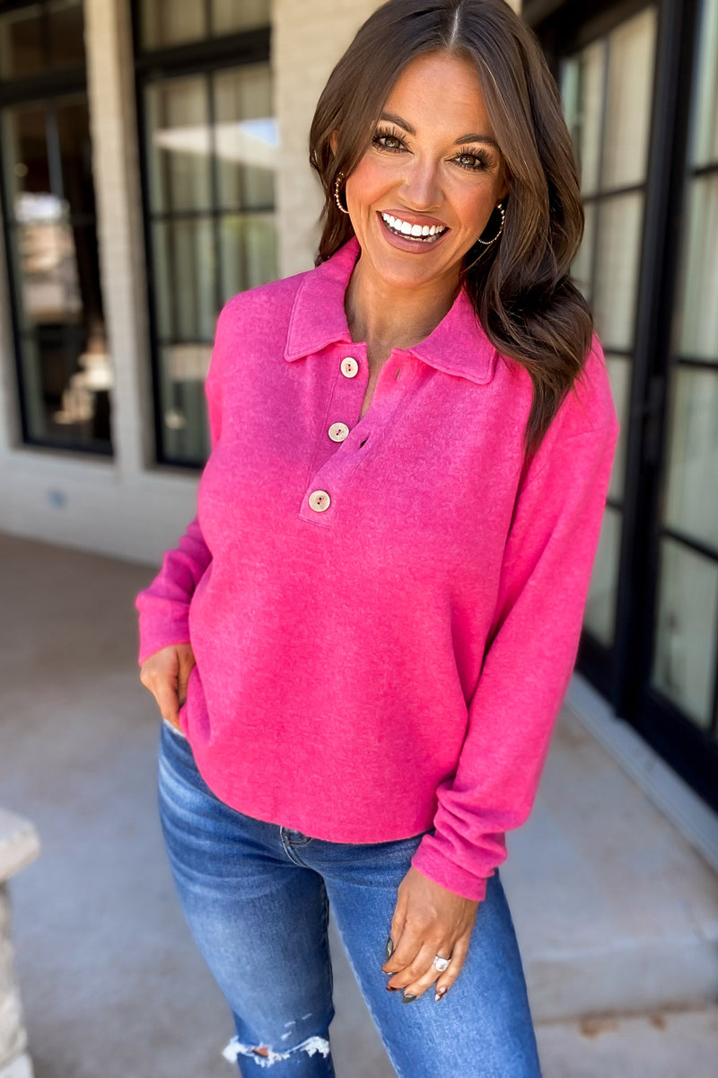 Perfect Timing Fuchsia Brushed Melange Hacci Collared Sweater