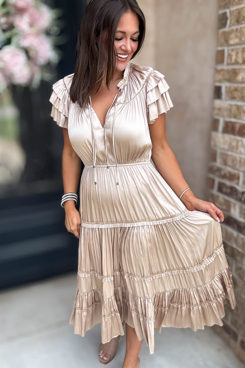 Fall For It Gold Tier Short Sleeve Tie Front Elastic Waist Dress