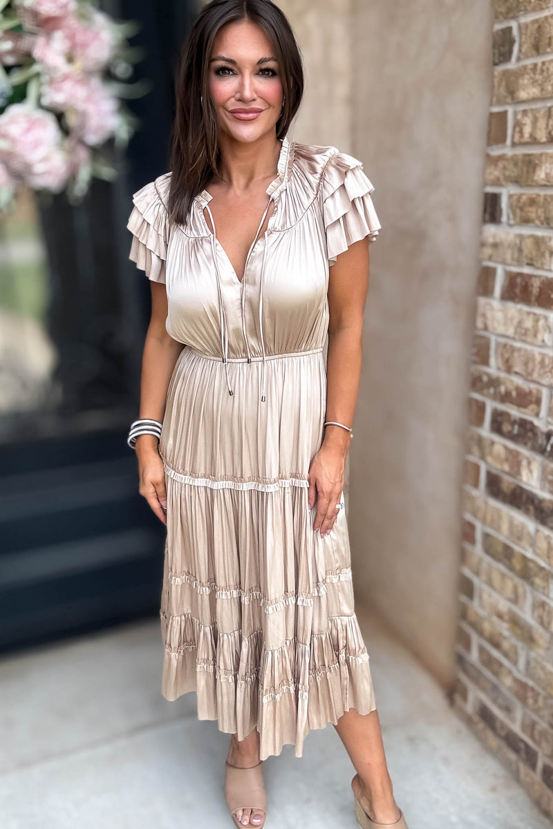 Fall For It Gold Tier Short Sleeve Tie Front Elastic Waist Dress