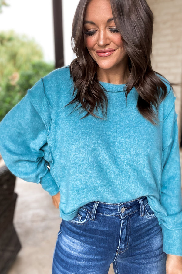 No Drama Dusty Teal Balloon Sleeve Pullover