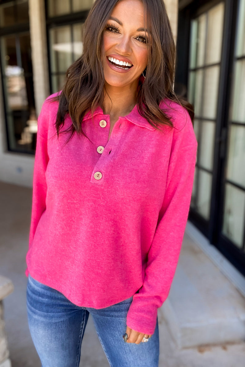 Perfect Timing Fuchsia Brushed Melange Hacci Collared Sweater