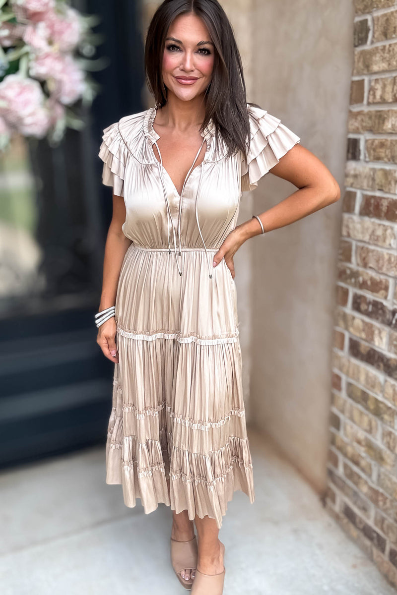 Fall For It Gold Tier Short Sleeve Tie Front Elastic Waist Dress